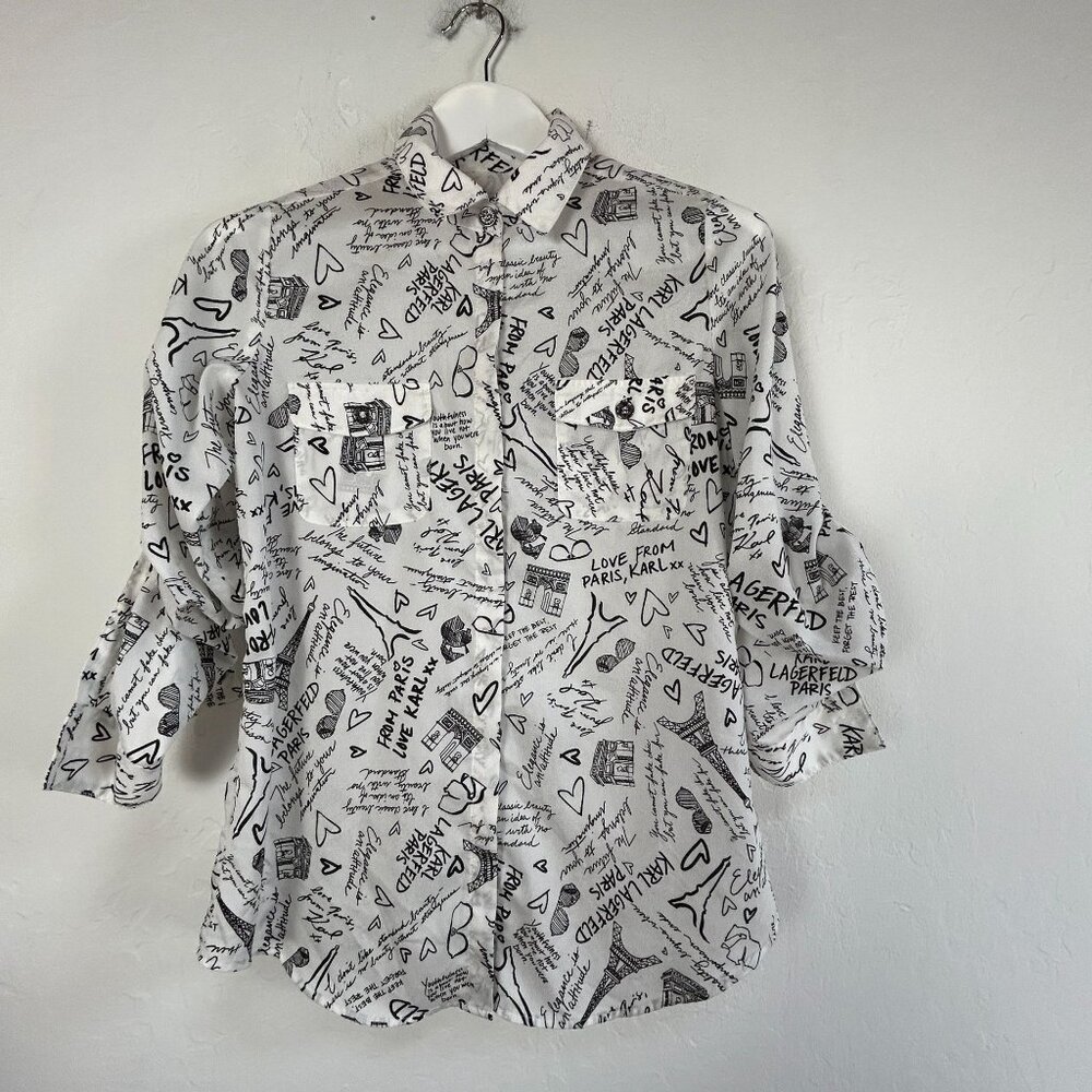 KARL LAGERFELD Womens Long Sleeve Printed Button Up Shirt Blouse XS White Black